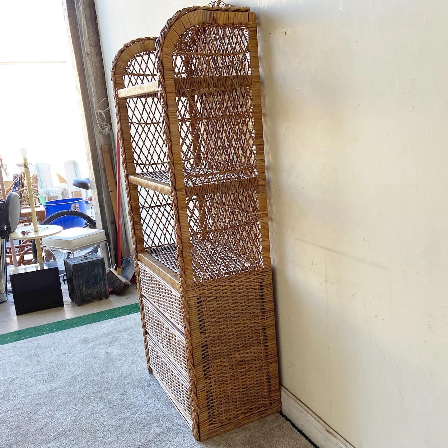 Vintage Boho Chic Woven Wicker Etagere In Good Condition For Sale In Delray Beach, FL
