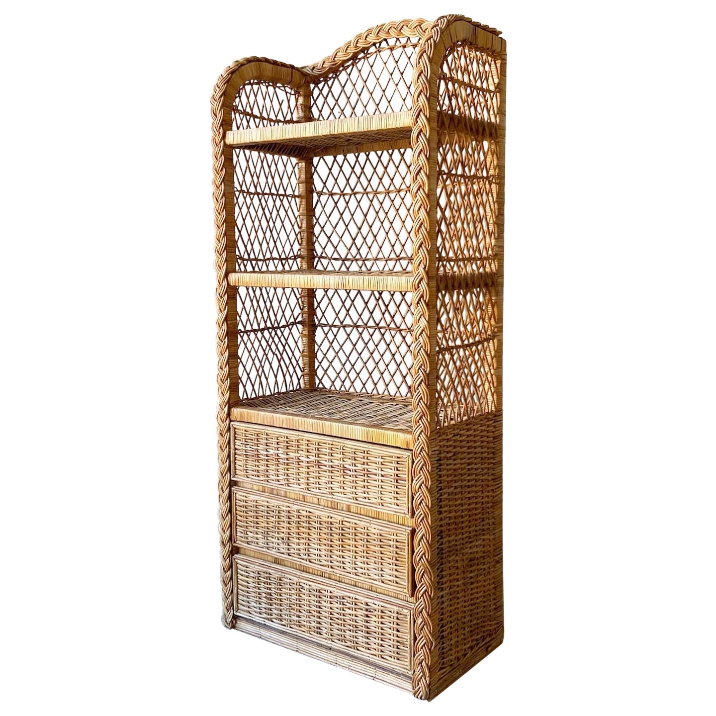 Vintage Boho Chic Woven Wicker Etagere