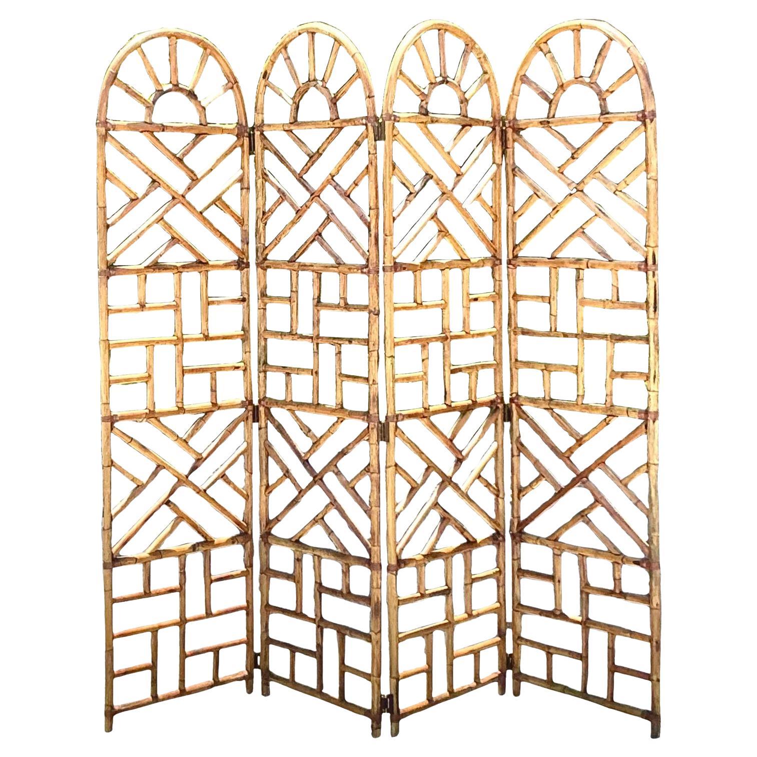 Vintage Boho Chinese Chippendale Bamboo Arched Folding Screen
