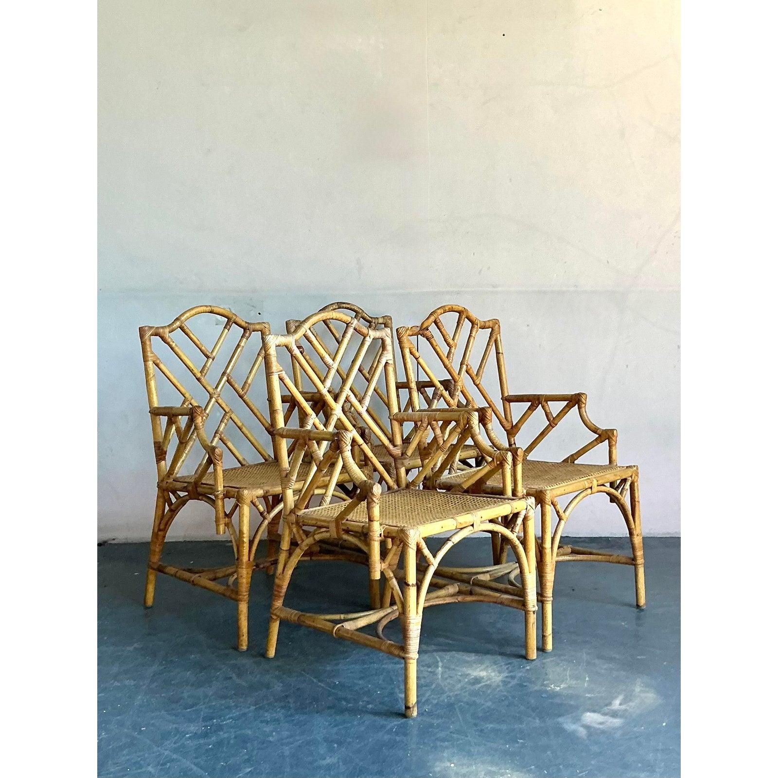 Juego de 4 sillones de comedor de bambú Chippendale chinos de estilo boho vintage en Bueno estado para la venta en West Palm Beach, FL