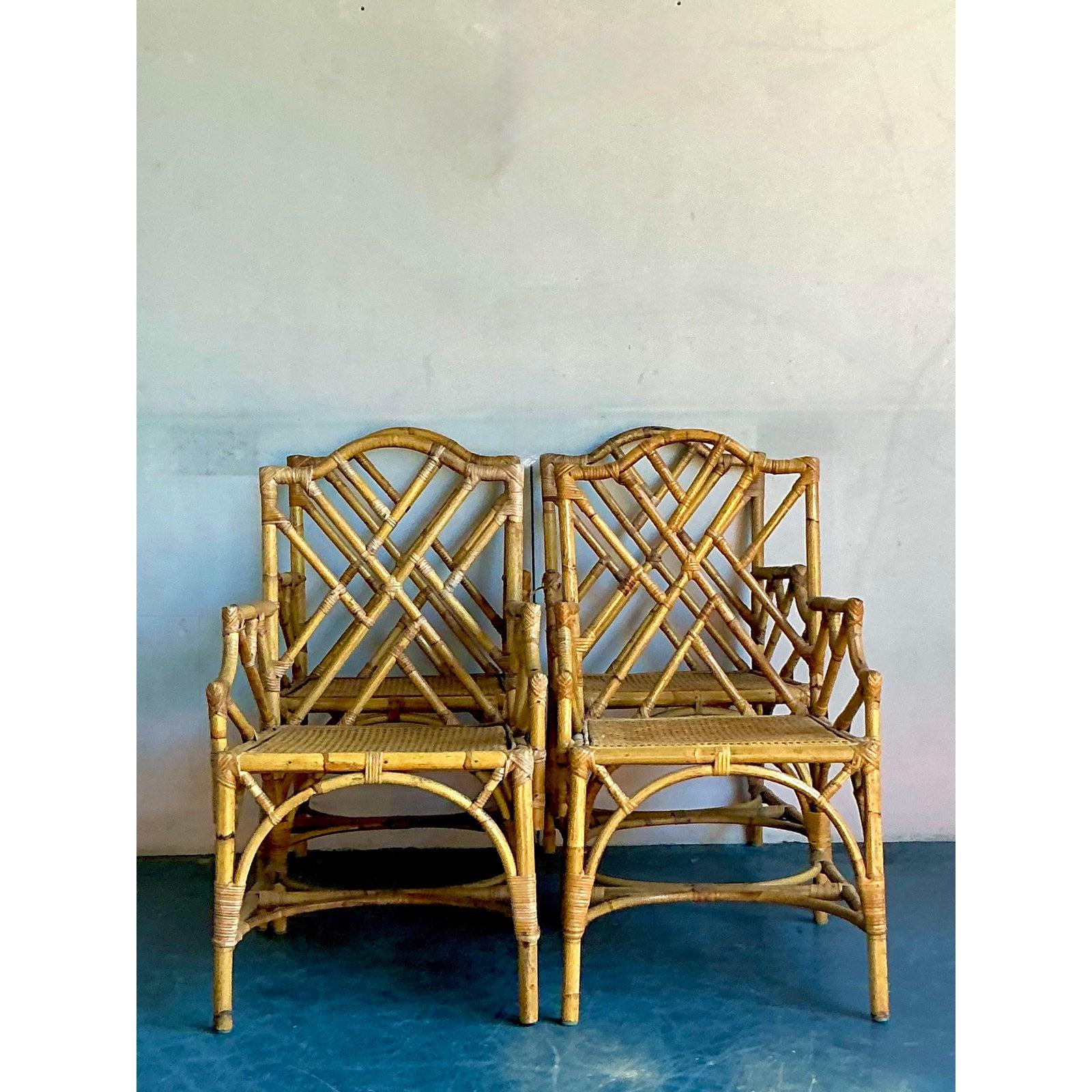 Juego de 4 sillones de comedor de bambú Chippendale chinos de estilo boho vintage siglo XX en venta