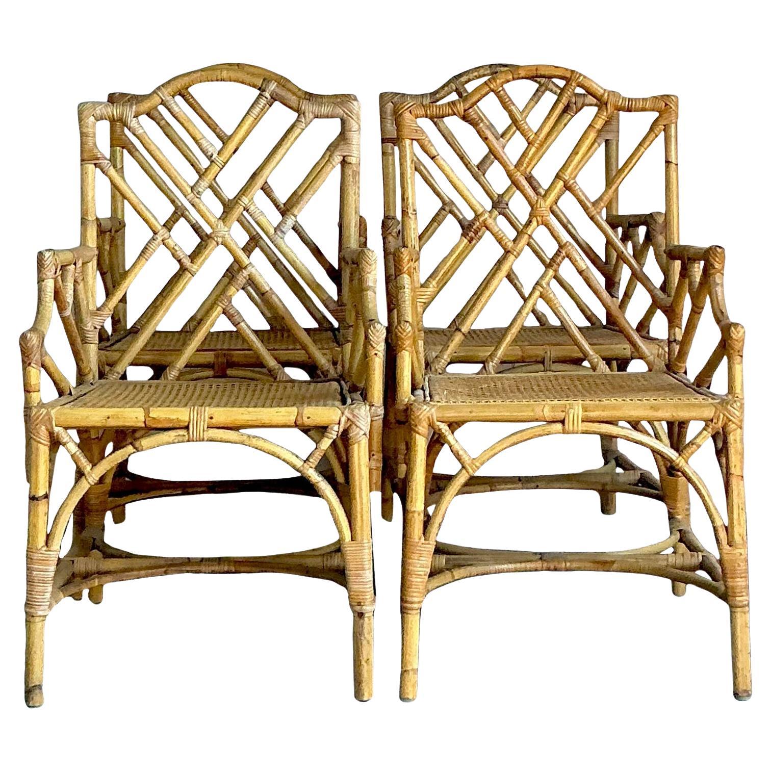 Vintage Boho Chinese Chippendale Bamboo Dining Arm Chairs - Set of 4
