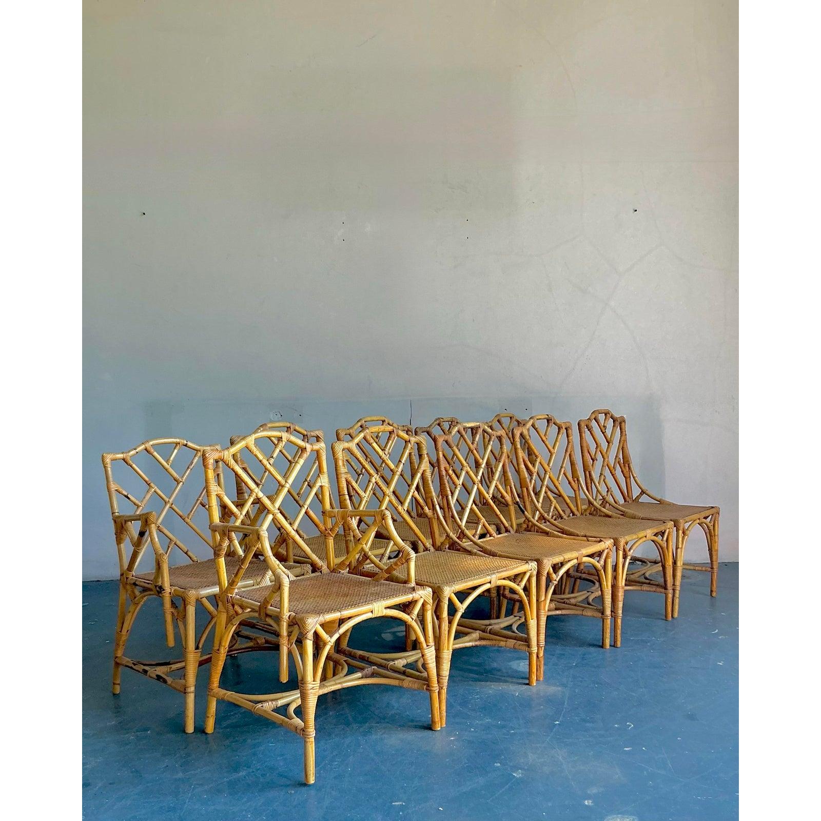 An incredible find for the discerning host or designer, this complete set of ten vintage dining chairs embodies the timeless appeal of the Chinese Chippendale style. Masterfully handcrafted from rattan and bamboo, each chair features the iconic