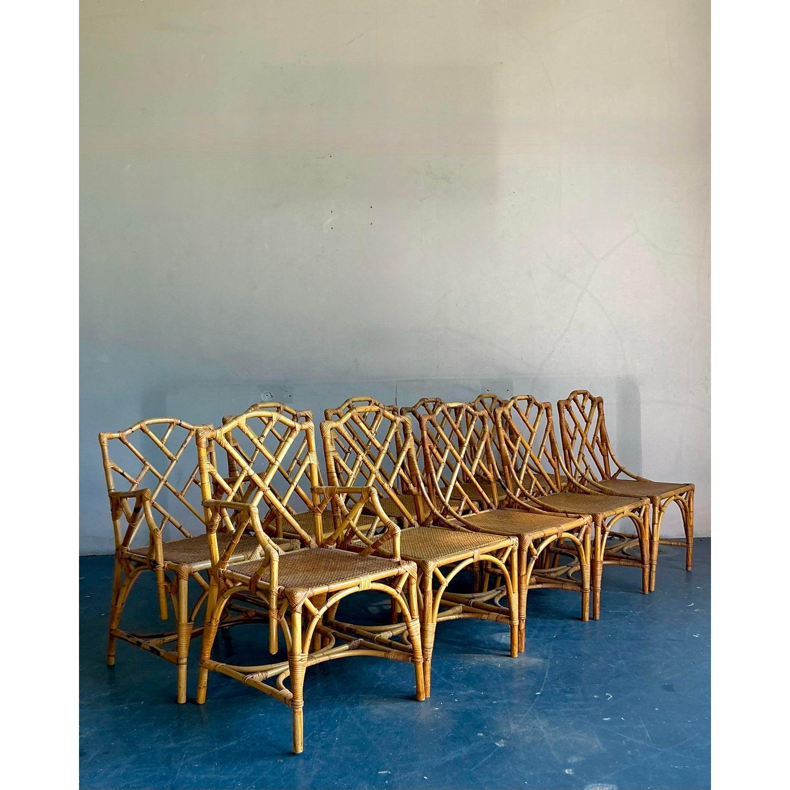 Chinoiserie Vintage Boho Chinese Chippendale Bamboo Dining Chairs - Set of 10 For Sale