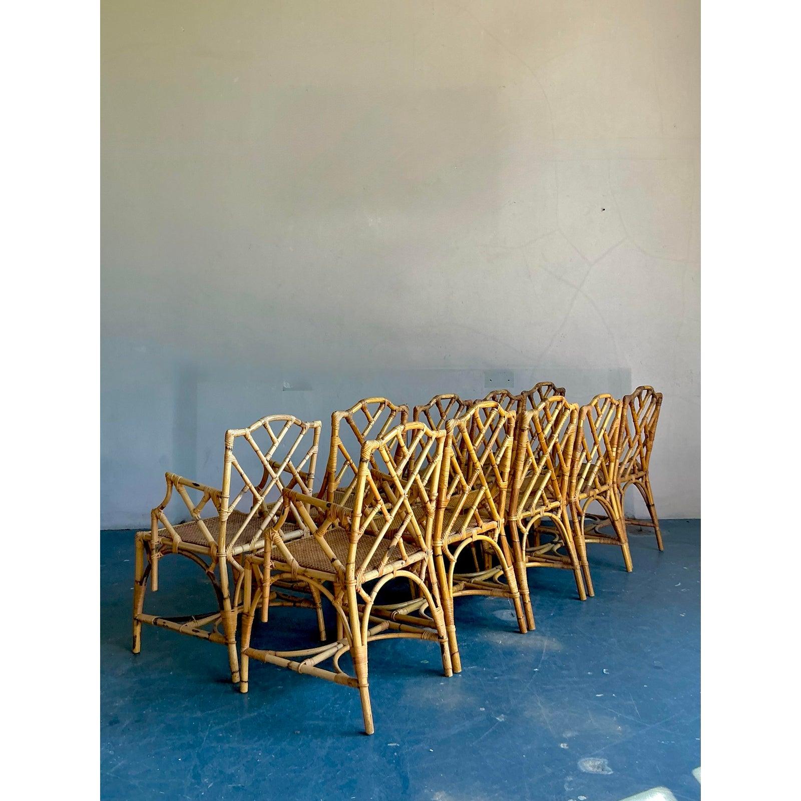 American Vintage Boho Chinese Chippendale Bamboo Dining Chairs - Set of 10 For Sale