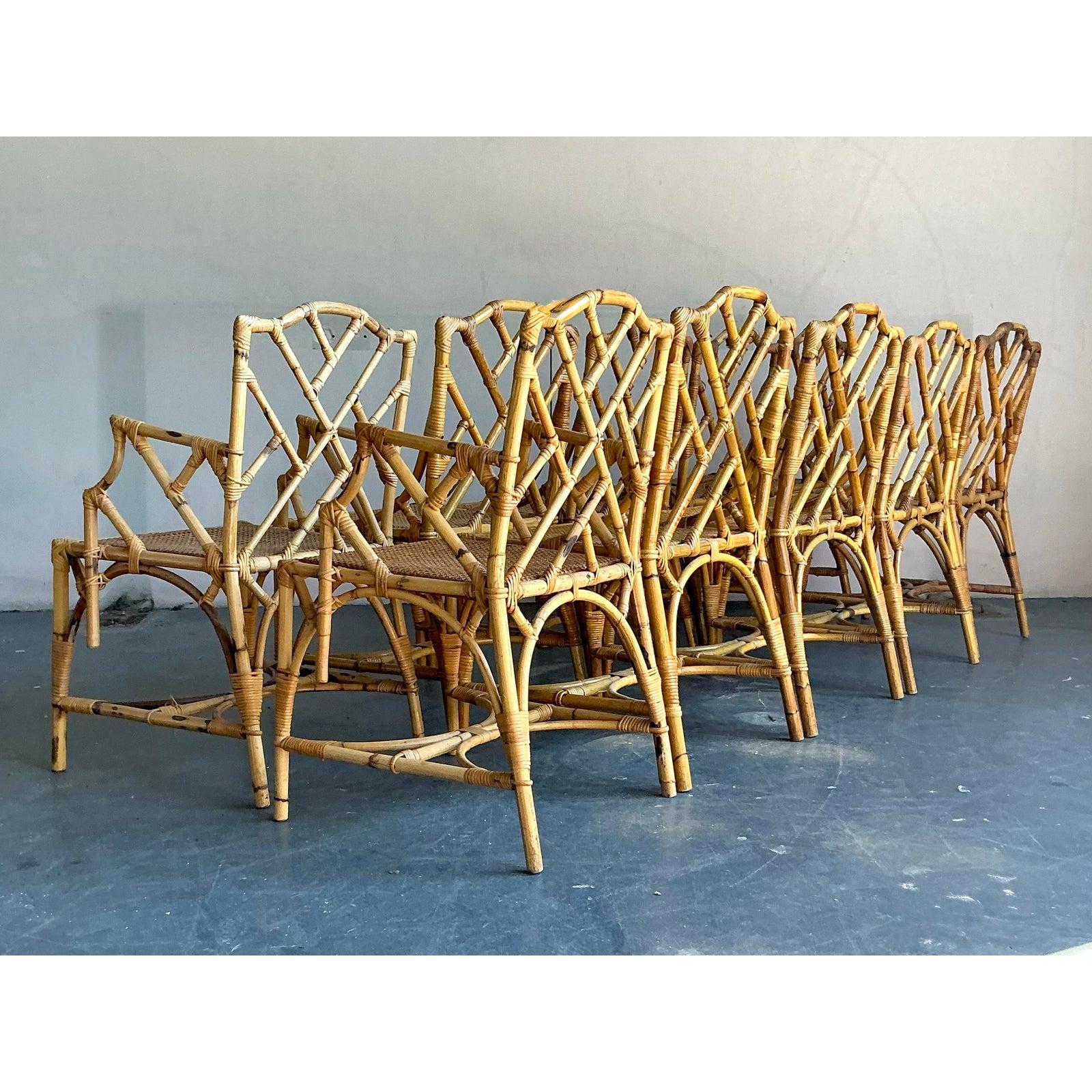 Vintage Boho Chinese Chippendale Bamboo Dining Chairs - Set of 10 In Good Condition For Sale In West Palm Beach, FL