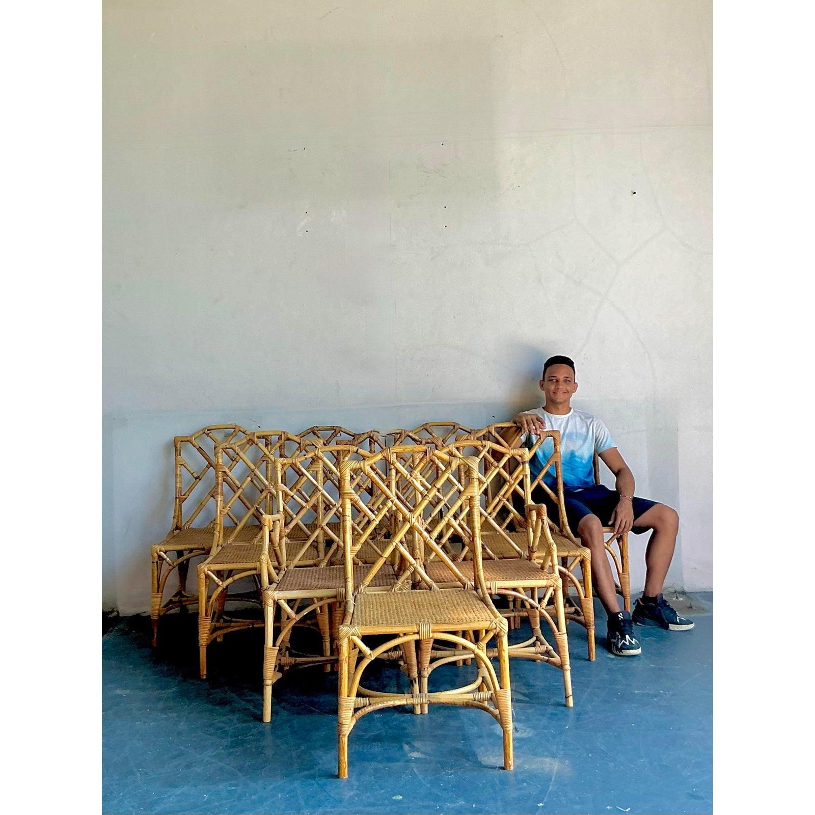 20th Century Vintage Boho Chinese Chippendale Bamboo Dining Chairs - Set of 10 For Sale