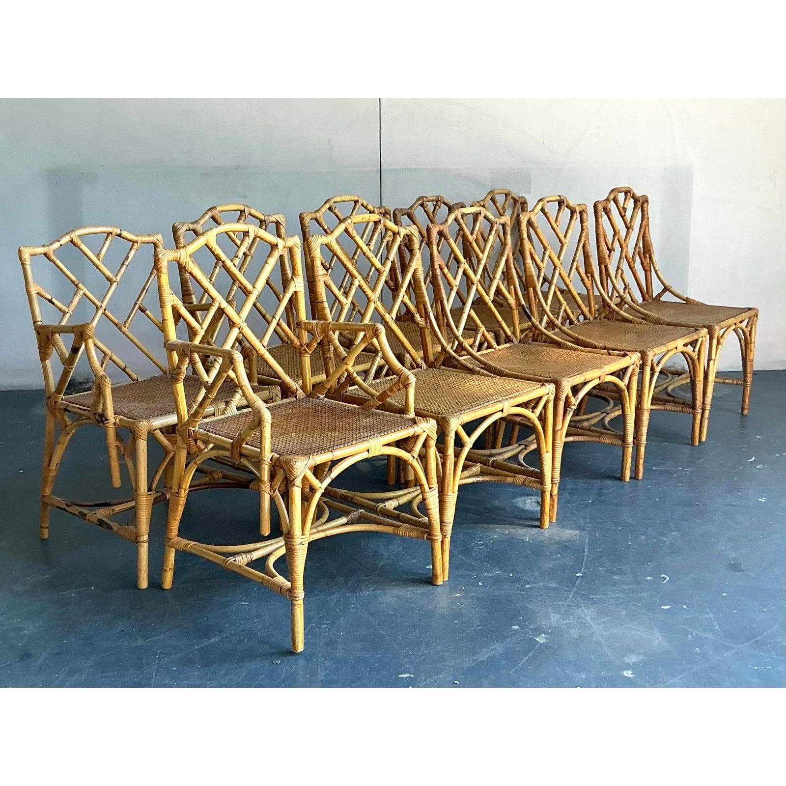 Vintage Boho Chinese Chippendale Bamboo Dining Chairs - Set of 10 For Sale 2