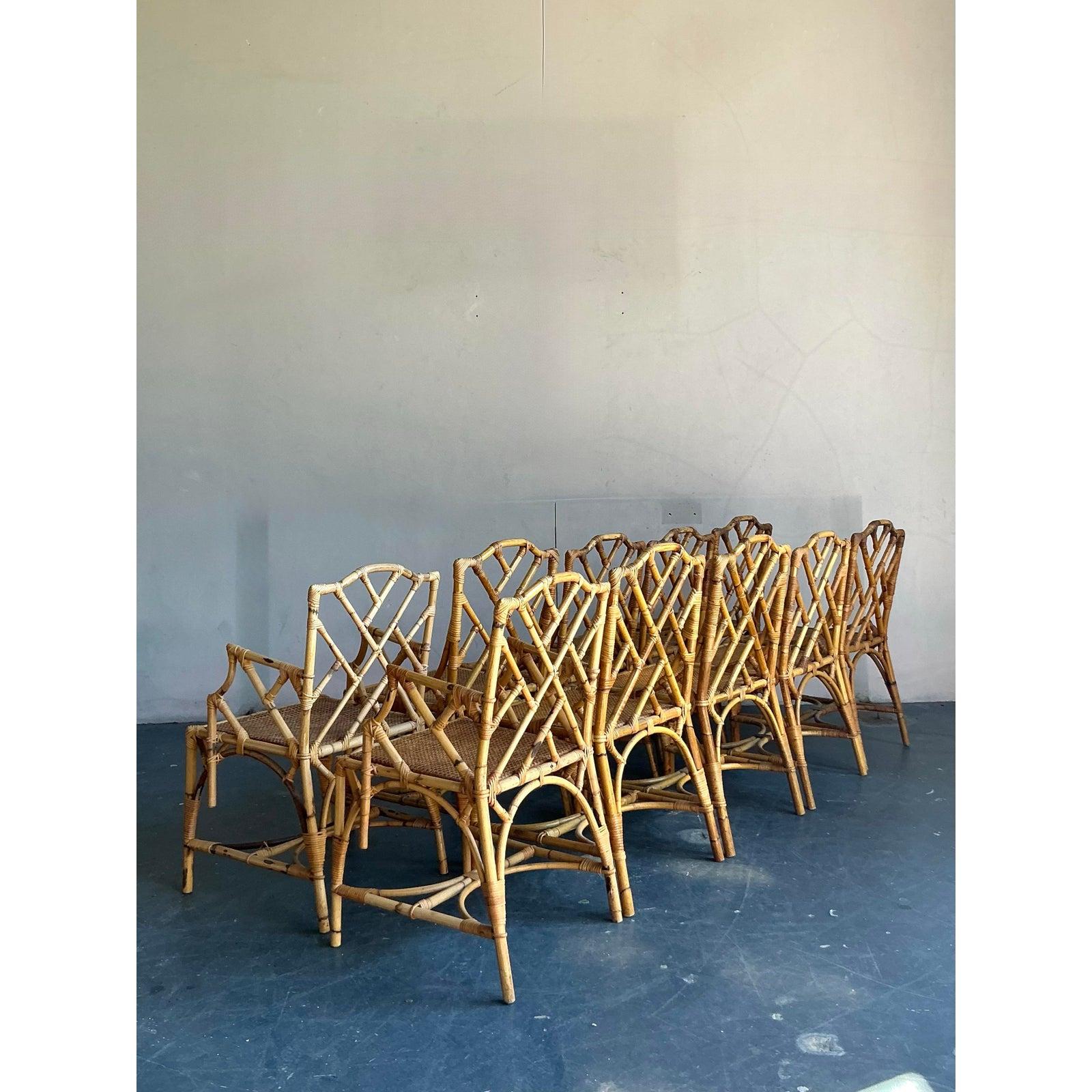 Vintage Boho Chinese Chippendale Bamboo Dining Chairs - Set of 10 For Sale 3
