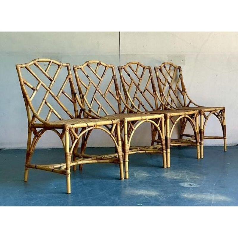 20th Century Vintage Boho Chinese Chippendale Bamboo Dining Chairs - Set of 4 For Sale