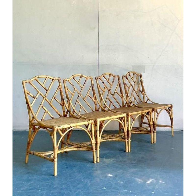 Vintage Boho Chinese Chippendale Bamboo Dining Chairs - Set of 4 For Sale 1
