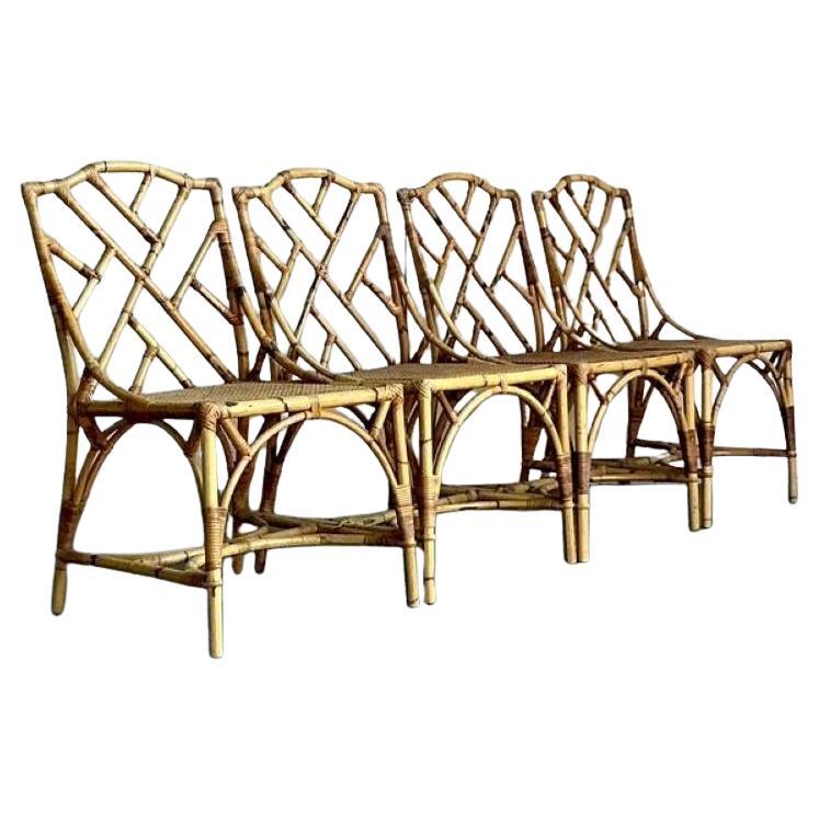 Vintage Boho Chinese Chippendale Bamboo Dining Chairs - Set of 4