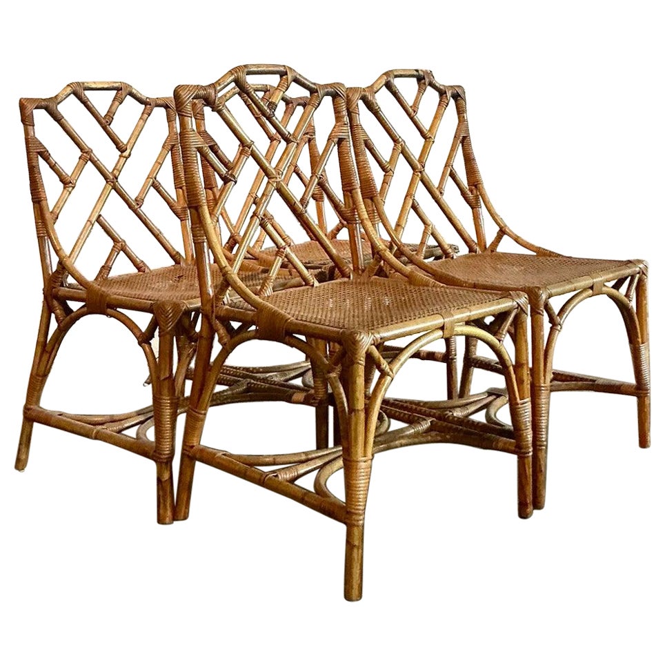 Vintage Boho Chinese Chippendale Bamboo Dining Chairs - Set of Four