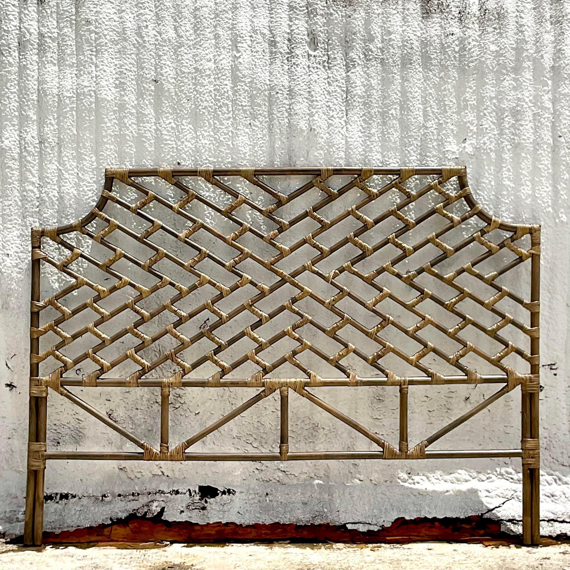 Vintage Boho Chinese Chippendale King Rattan Headboard In Good Condition For Sale In west palm beach, FL