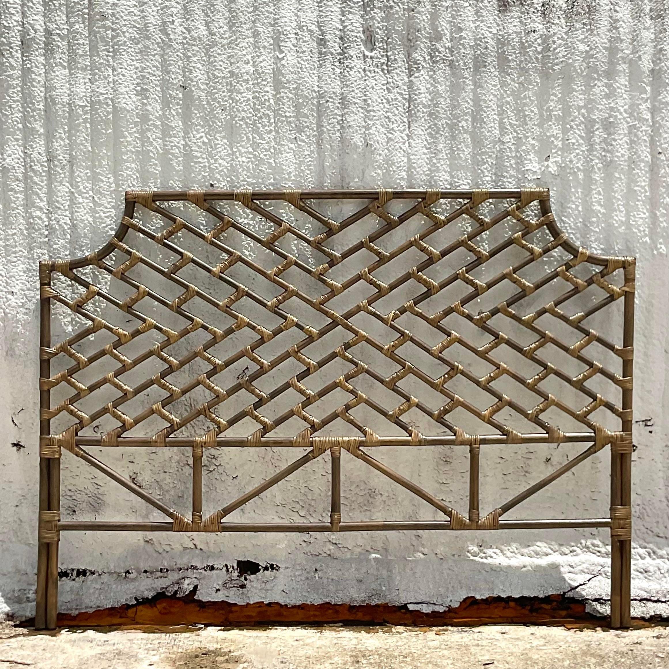 20th Century Vintage Boho Chinese Chippendale King Rattan Headboard For Sale
