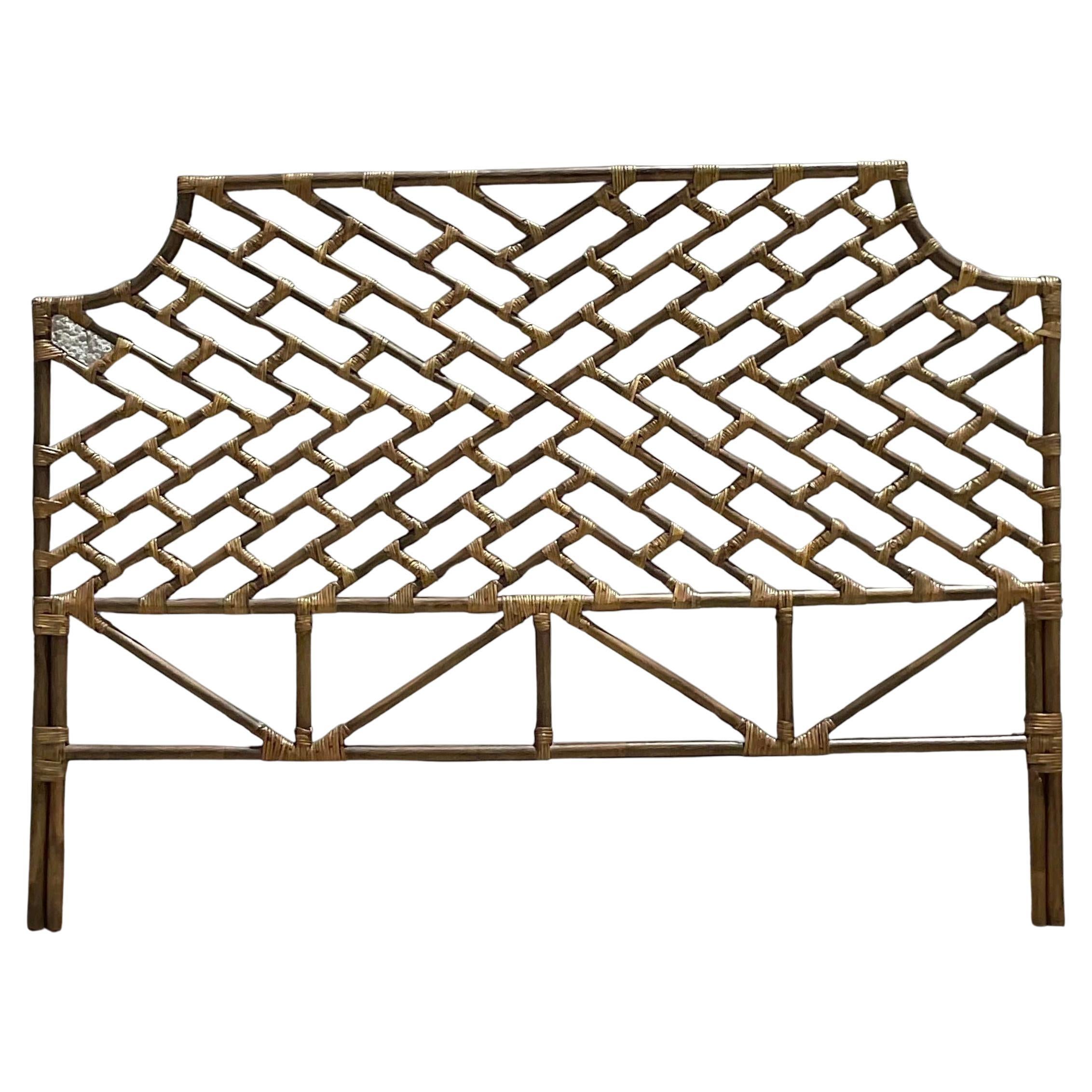 Vintage Boho Chinese Chippendale King Rattan Headboard For Sale