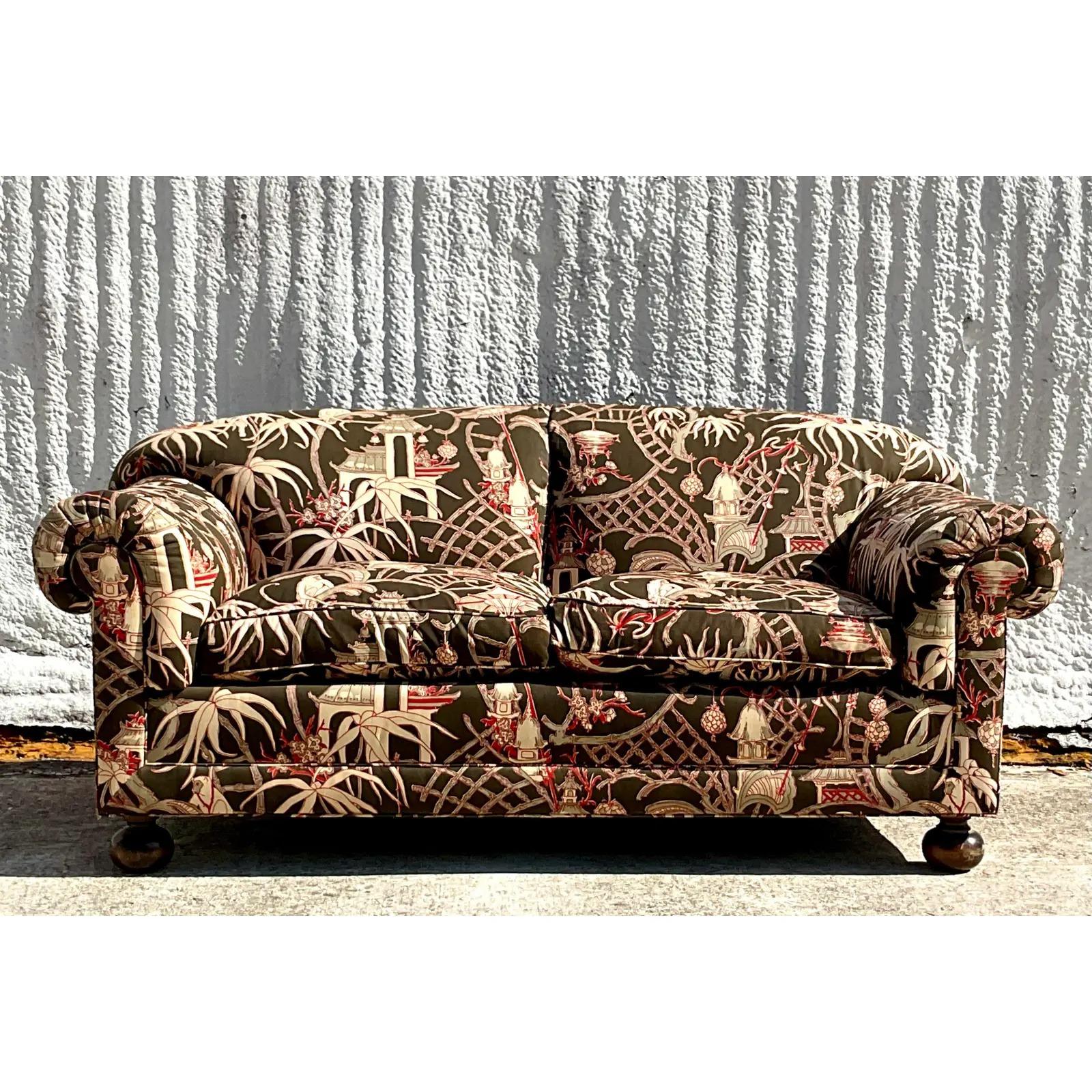 North American Vintage Boho Chinoiserie Roll Arm Sofa