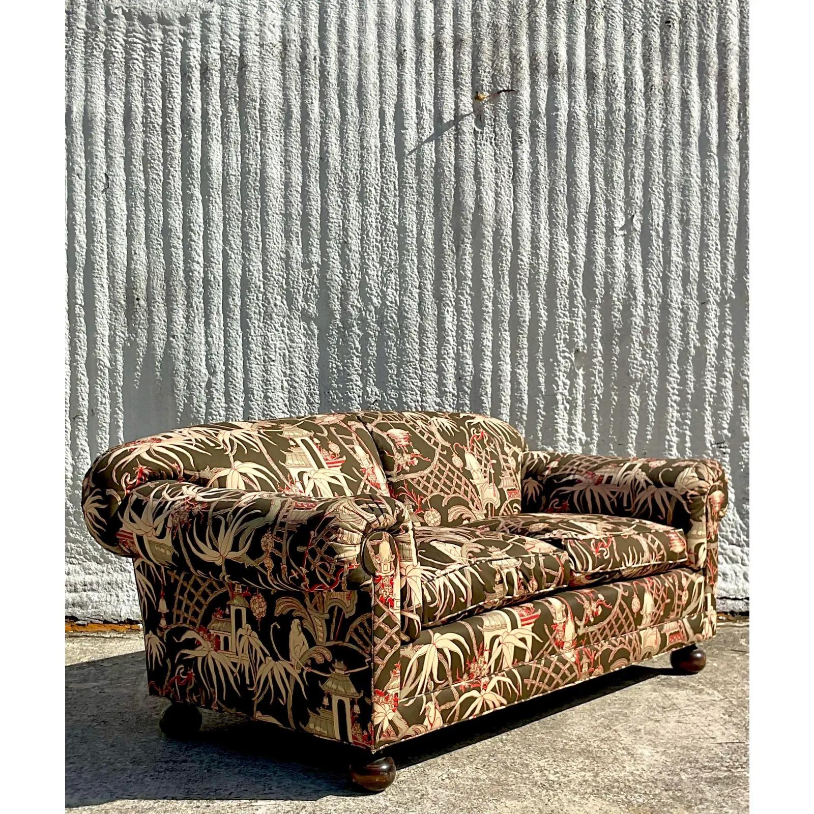 Vintage Boho Chinoiserie Roll Arm Sofa In Good Condition In west palm beach, FL