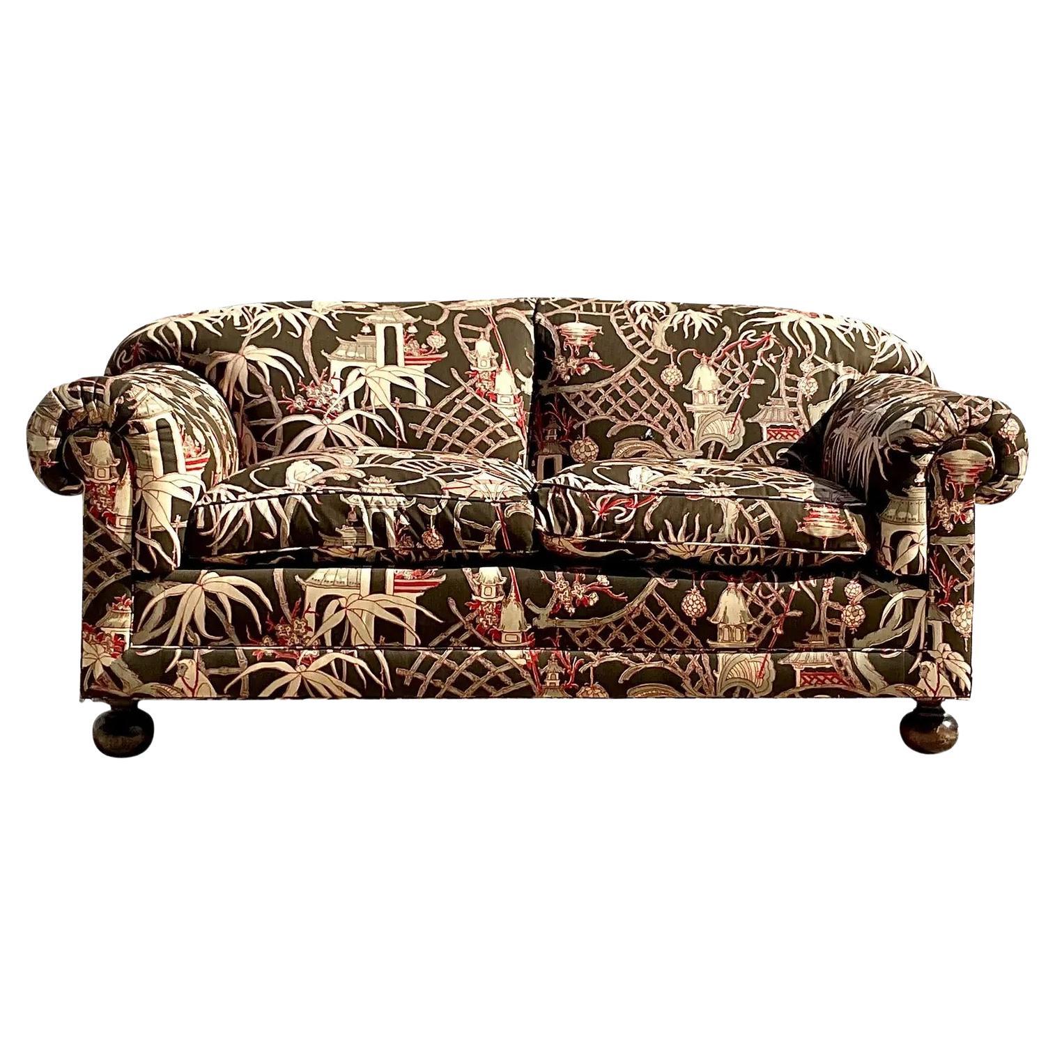 Vintage Boho Chinoiserie Roll Arm Sofa