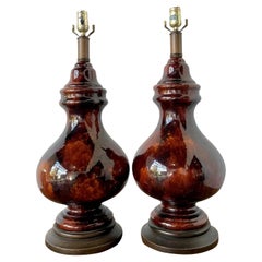 Vintage Boho Chocolate Glazed Ceramic Lamps - A Pair
