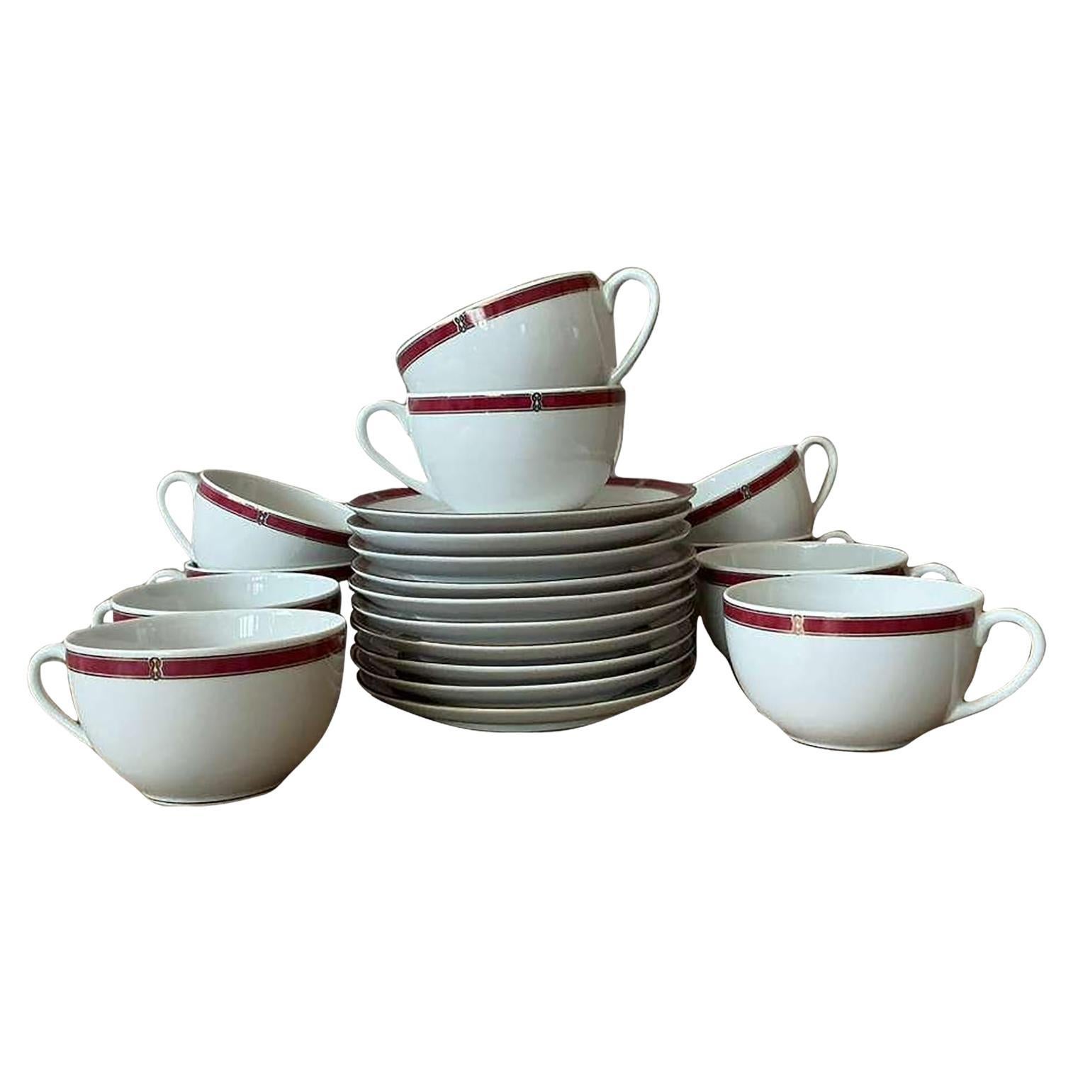 Vintage Boho Christofle "Oceana Red" Tea Cups With Saucers - Set of 11