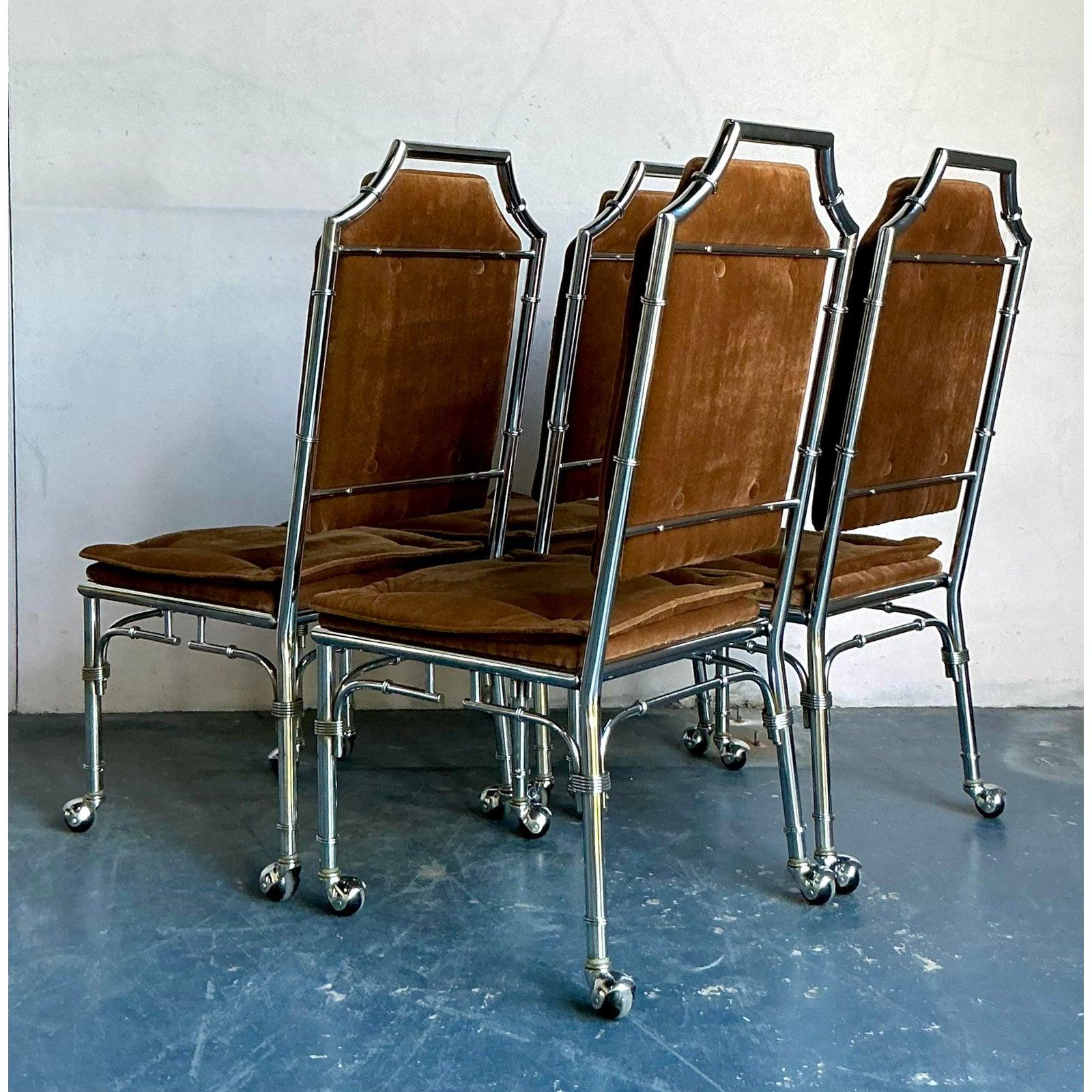 Hollywood Regency Vintage Boho Chrome Bamboo Dining Chairs on Casters - Set of 4 For Sale