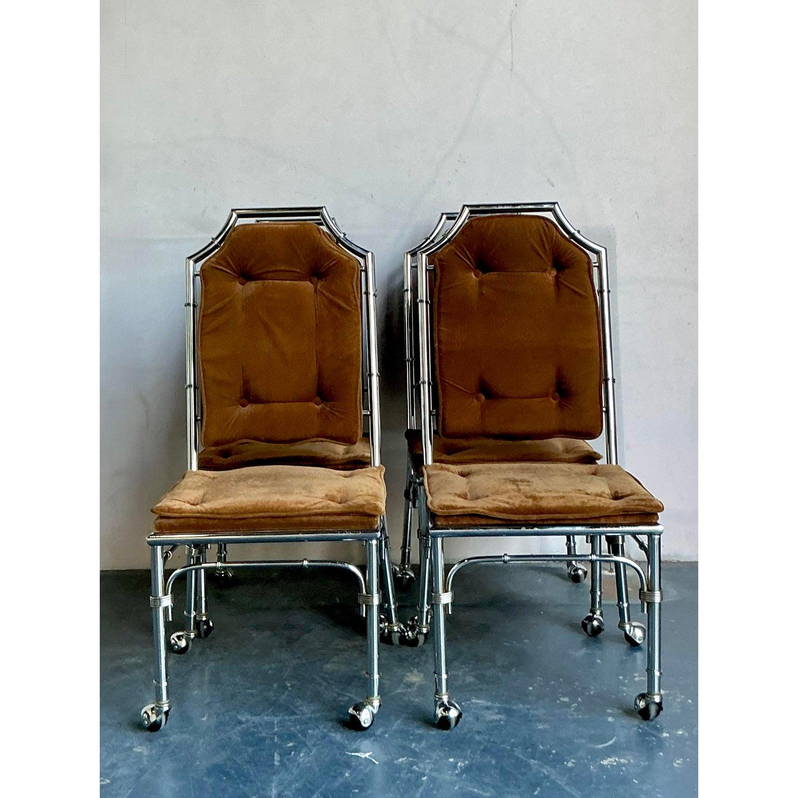 American Vintage Boho Chrome Bamboo Dining Chairs on Casters - Set of 4 For Sale