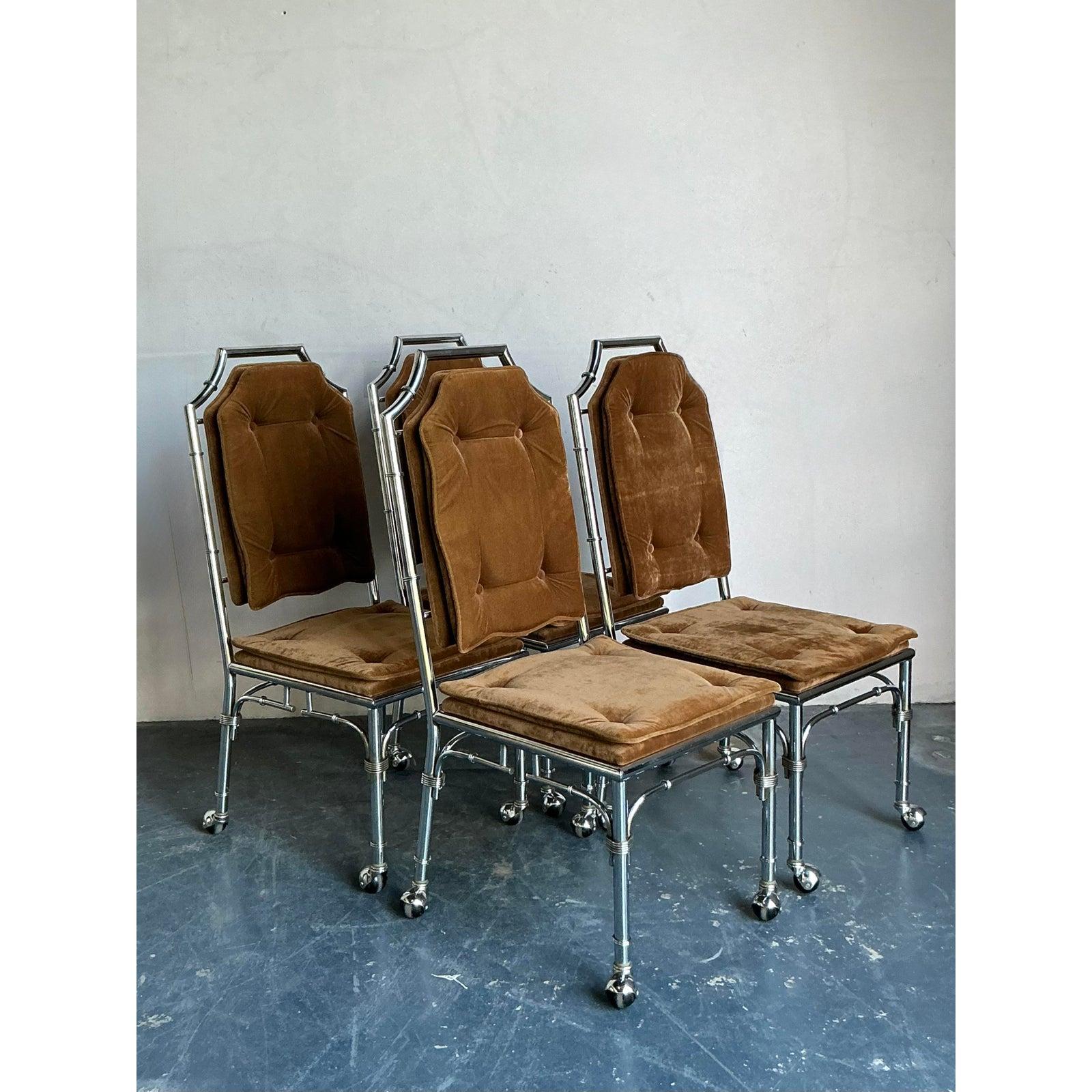 Vintage Boho Chrome Bamboo Dining Chairs on Casters - Set of 4 In Good Condition For Sale In West Palm Beach, FL
