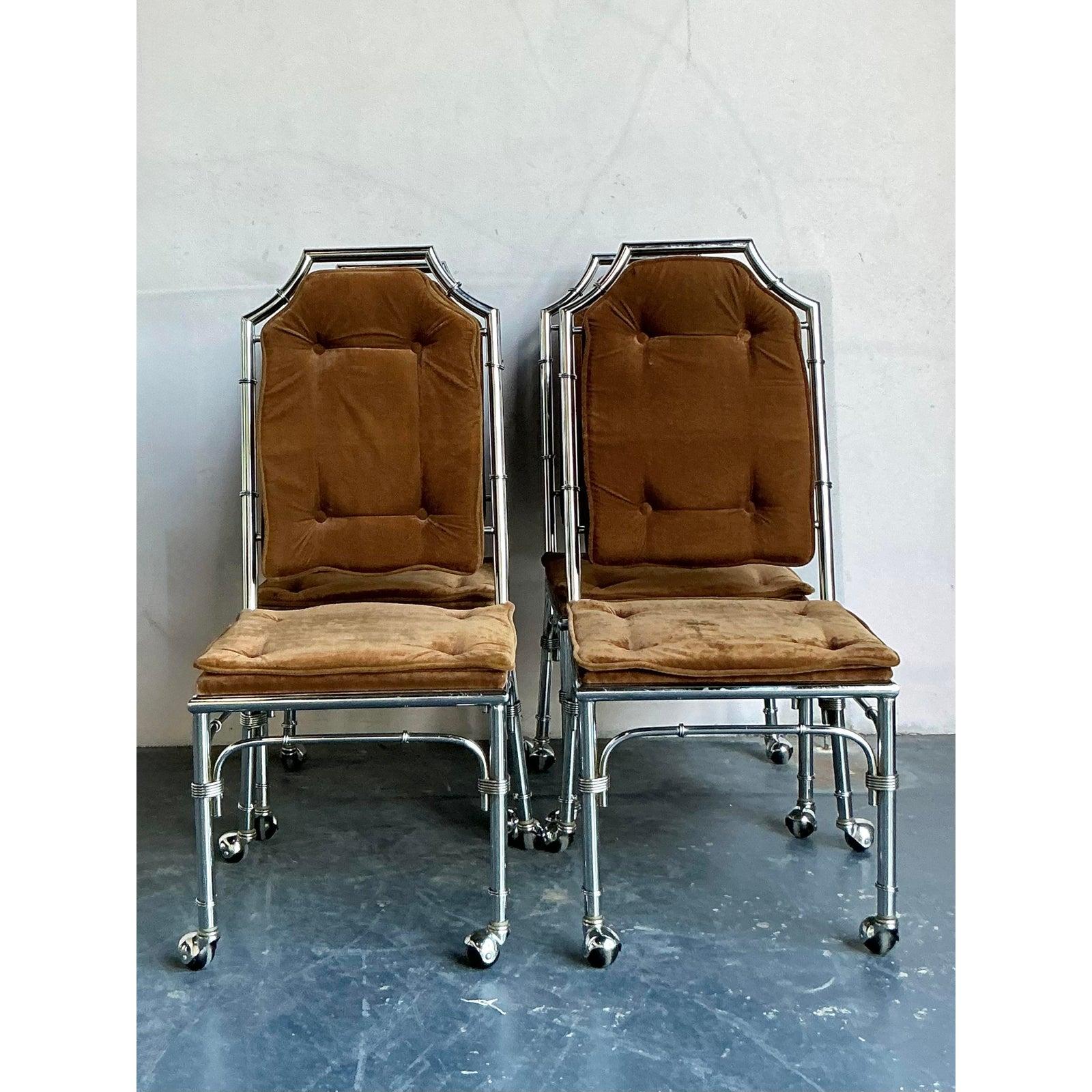 20th Century Vintage Boho Chrome Bamboo Dining Chairs on Casters - Set of 4 For Sale