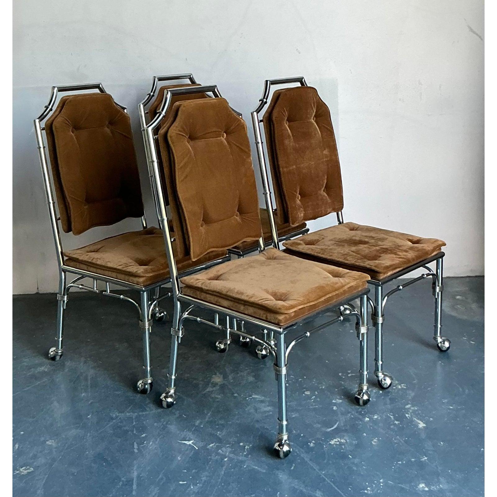 Upholstery Vintage Boho Chrome Bamboo Dining Chairs on Casters - Set of 4 For Sale