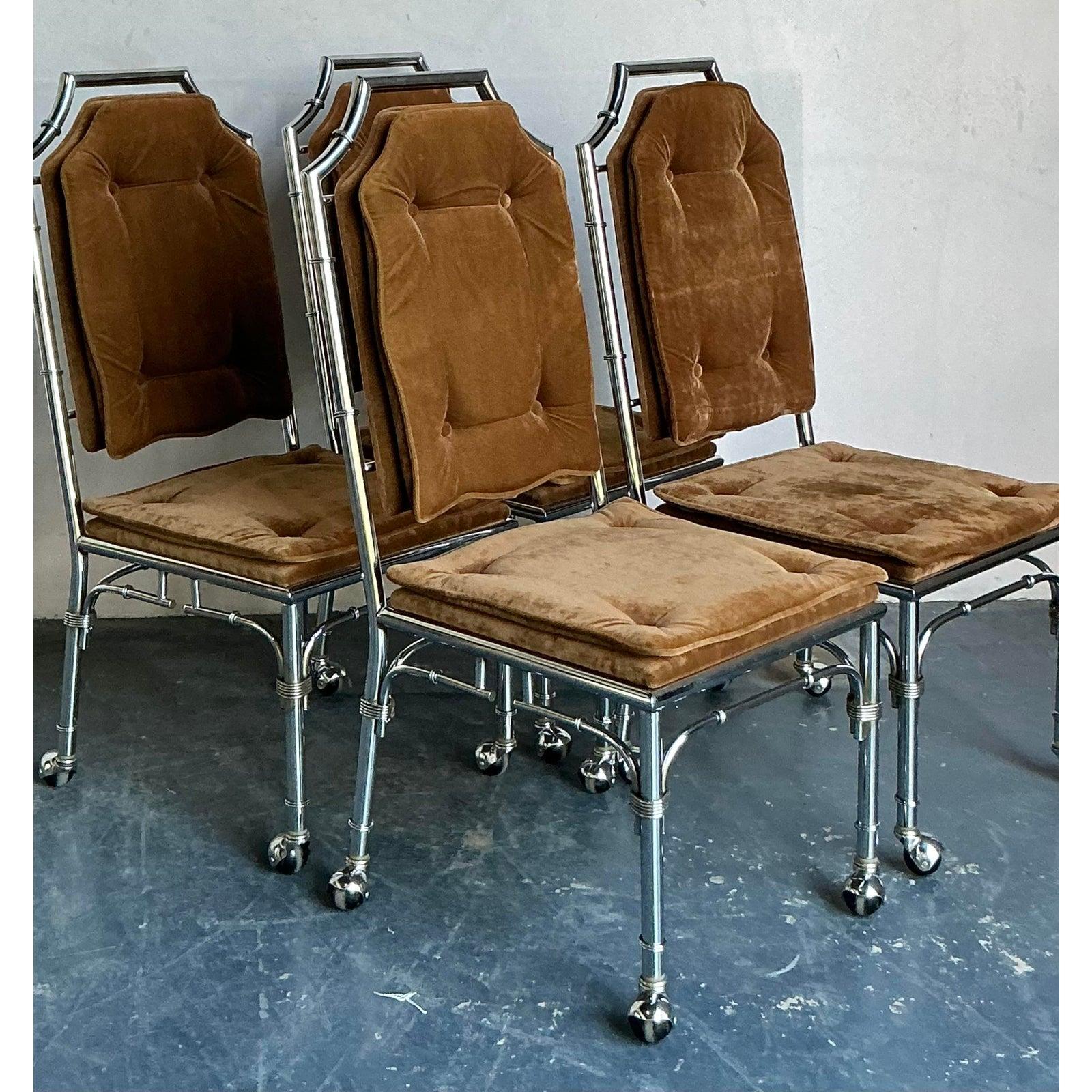 Vintage Boho Chrome Bamboo Dining Chairs on Casters - Set of 4 For Sale 1