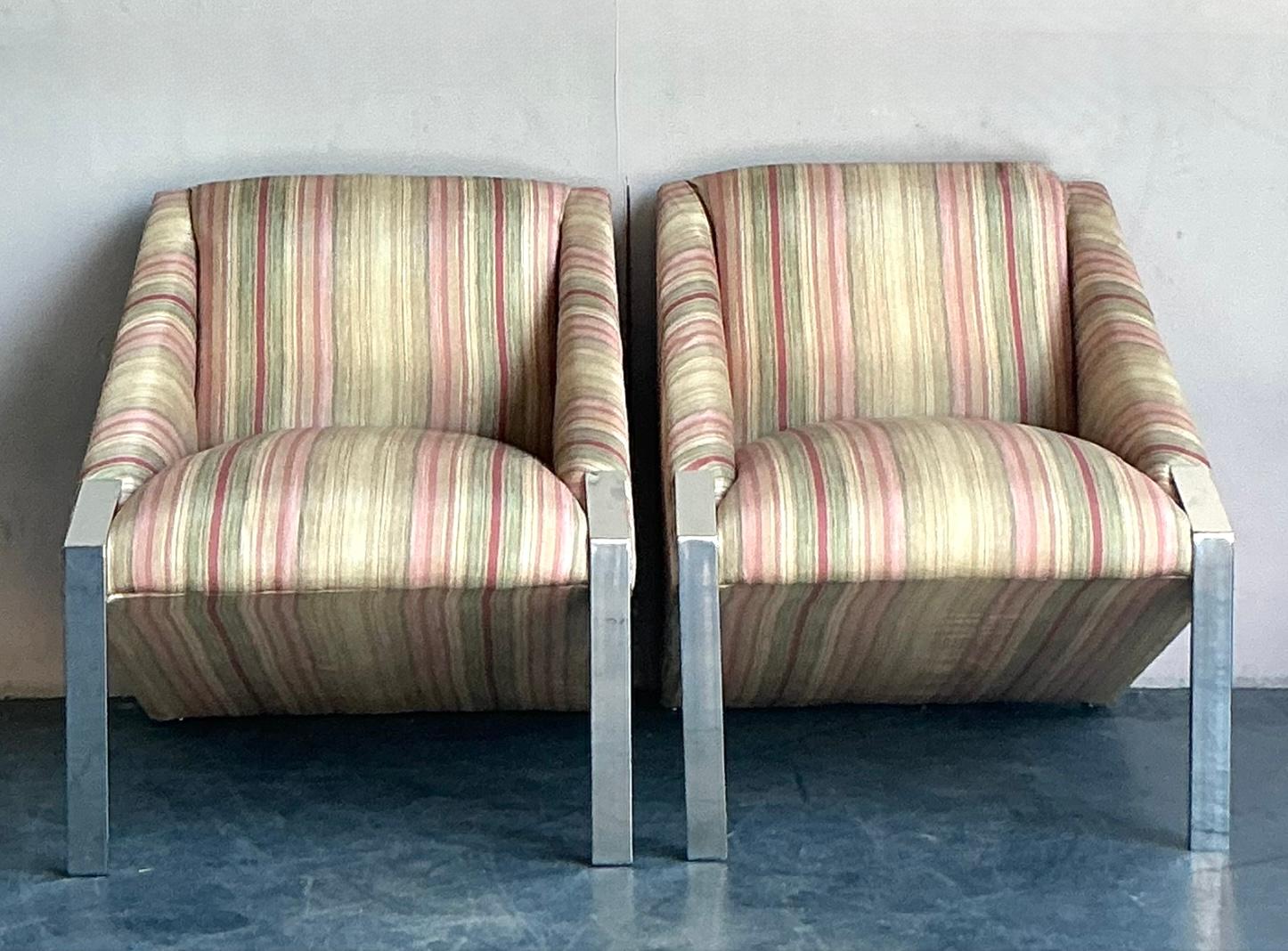 Sillas de salón vintage boho con estructura cromada según Andree Putman - Un par Tapicería en venta