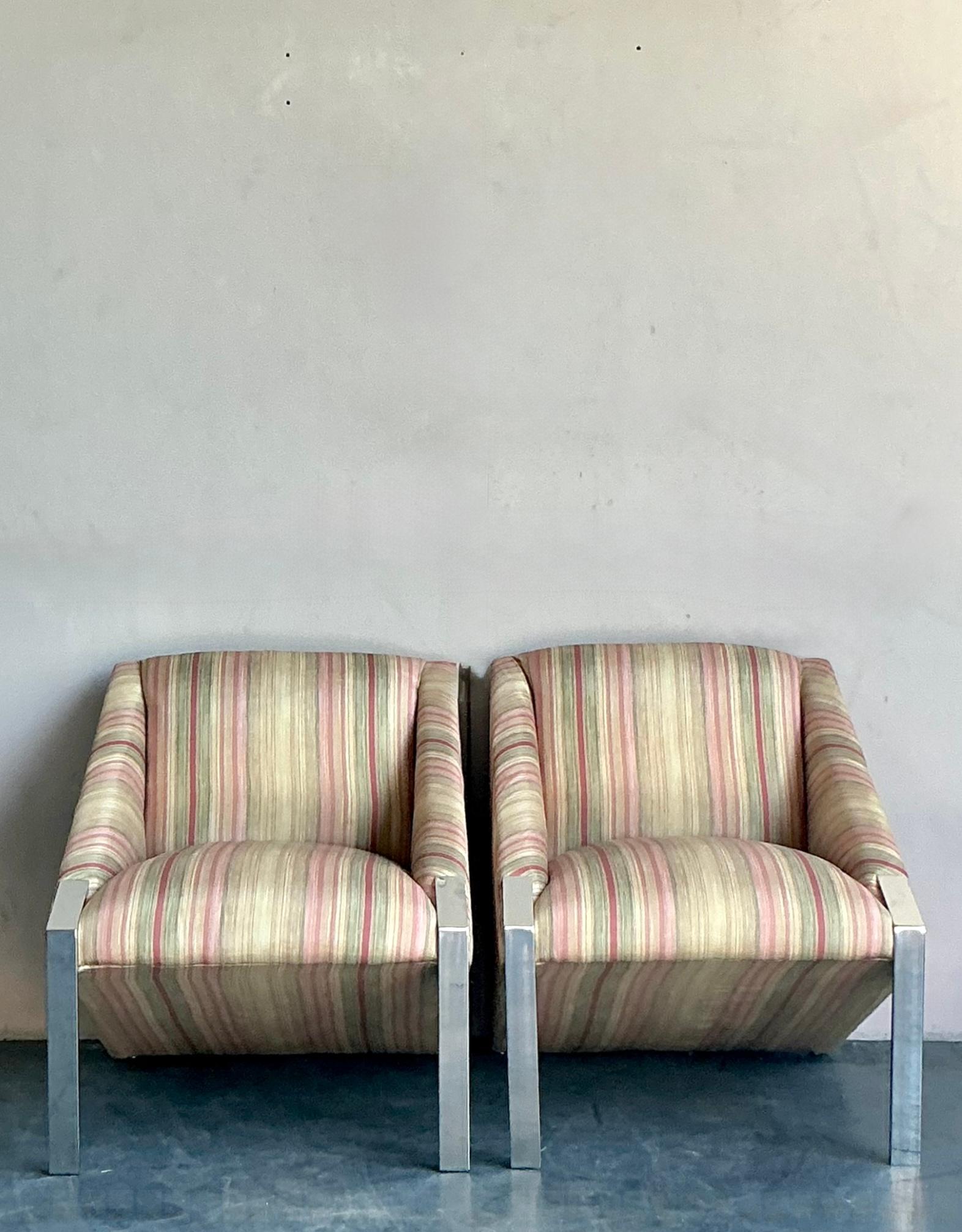 Sillas de salón vintage boho con estructura cromada según Andree Putman - Un par en venta 1