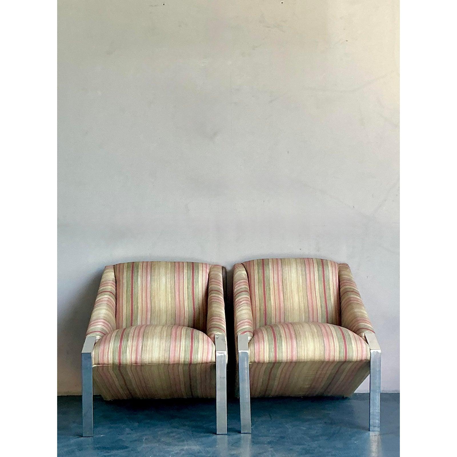 20ième siècle Chaises longues vintage Boho en chrome d'après Andree Putnam - une paire en vente