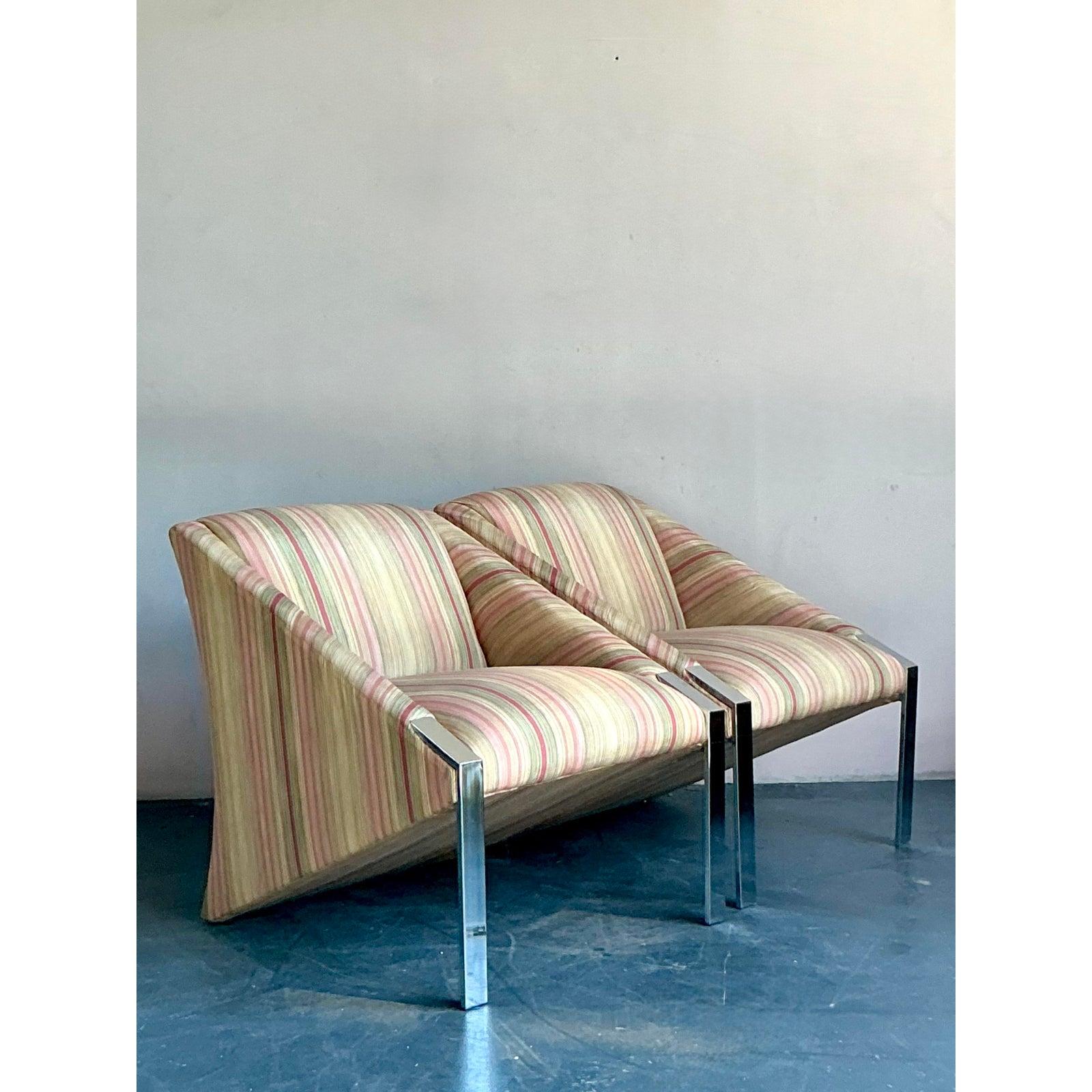 Tissu Chaises longues vintage Boho en chrome d'après Andree Putnam - une paire en vente