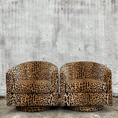 Vintage Boho Clarence House “Samburu” Leopard Velvet Swivel Chairs - a Pair