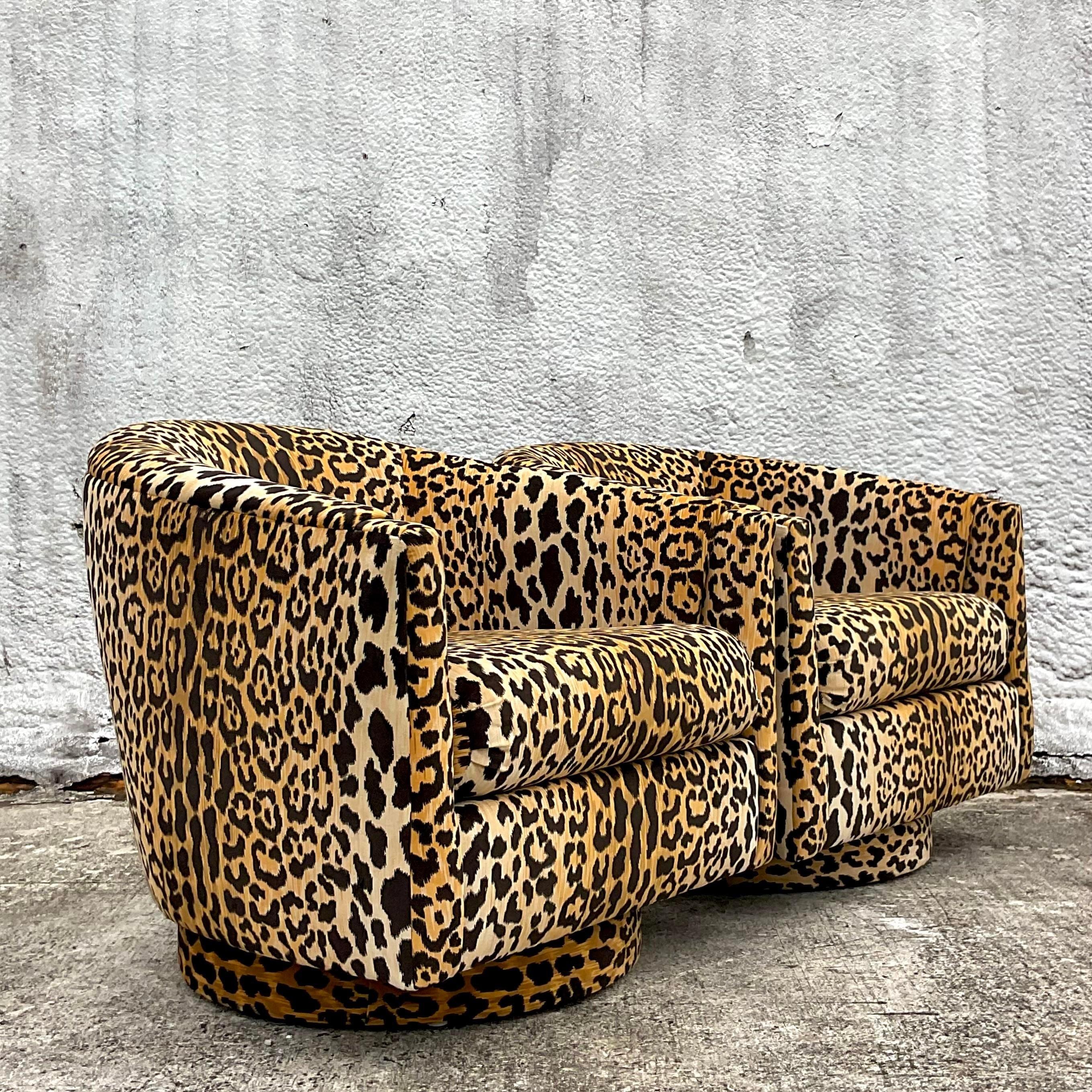 American Vintage Boho Clarence House “Samburu” Leopard Velvet Swivel Chairs - a Pair