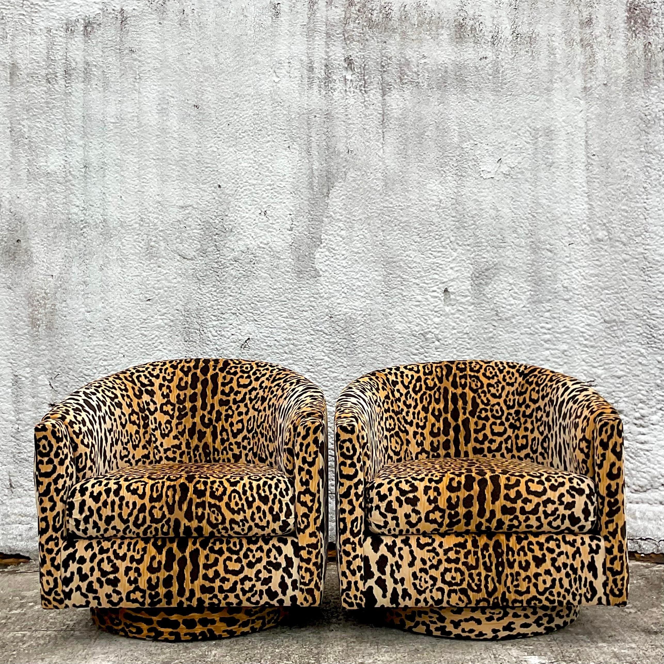 Vintage Boho Clarence House “Samburu” Leopard Velvet Swivel Chairs - a Pair In Good Condition In West Palm Beach, FL