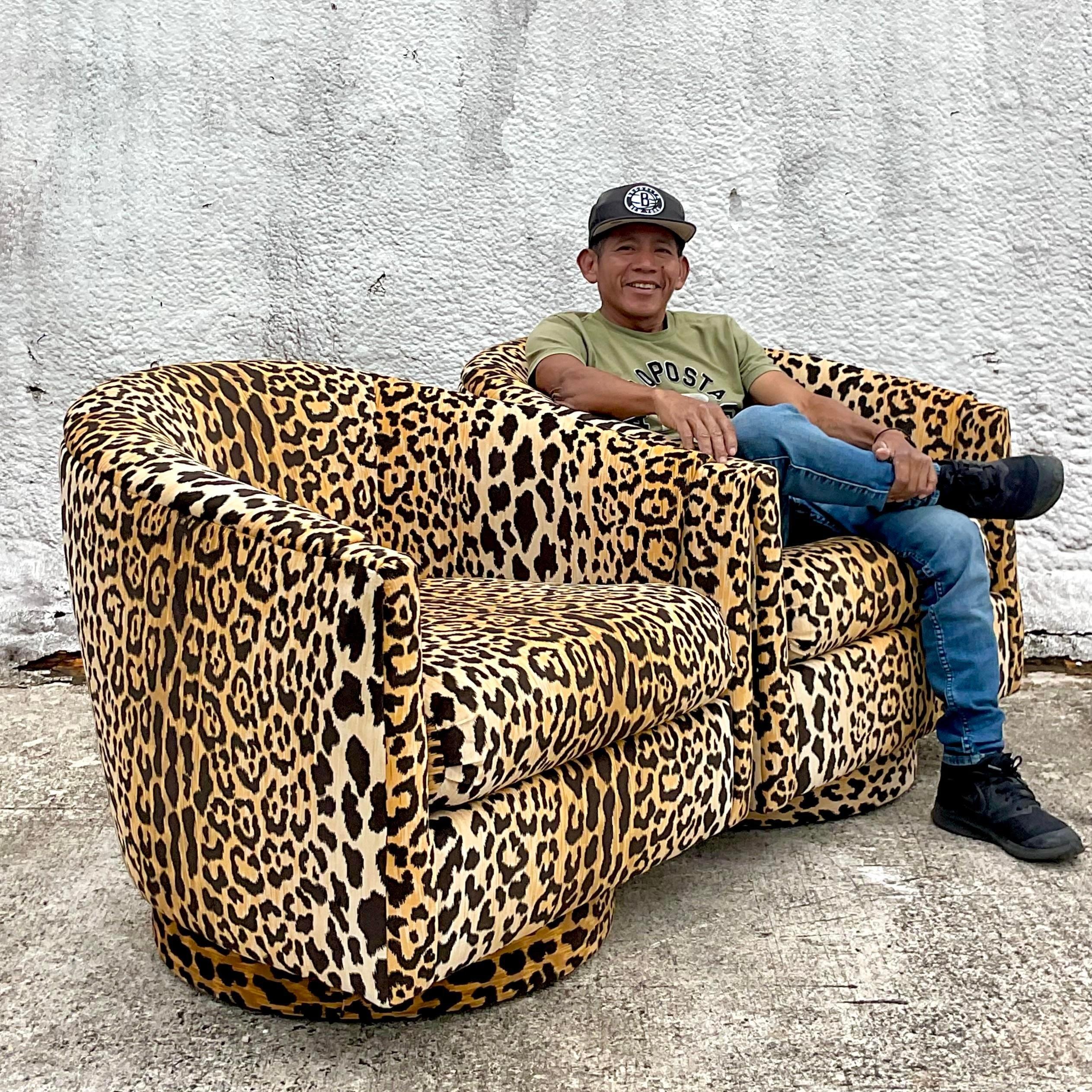 20th Century Vintage Boho Clarence House “Samburu” Leopard Velvet Swivel Chairs - a Pair