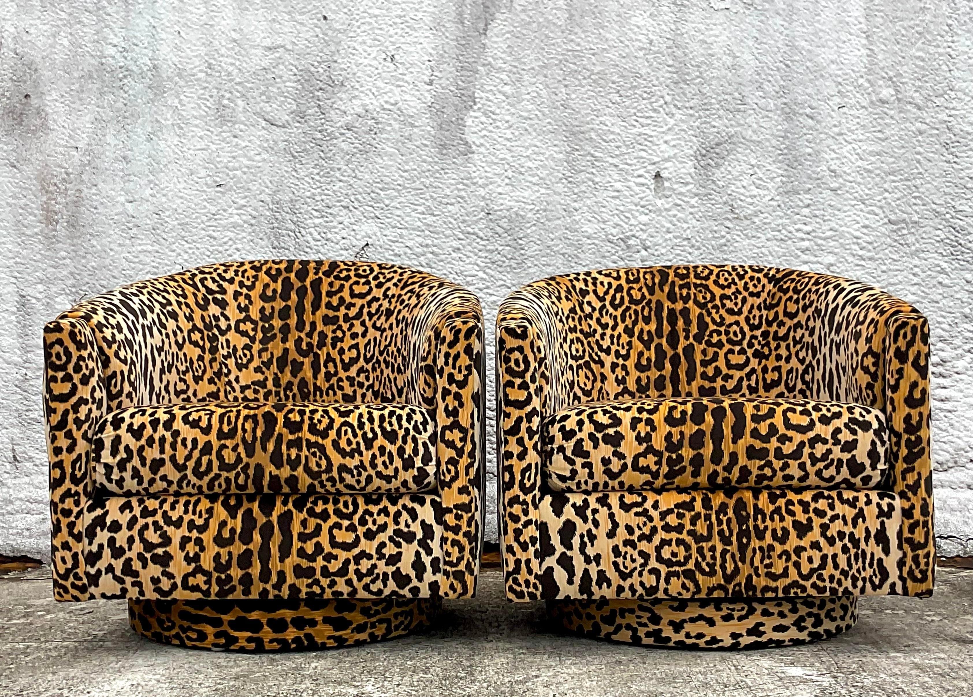 Vintage Boho Clarence House “Samburu” Leopard Velvet Swivel Chairs - a Pair 1