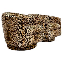 Vintage Boho Clarence House “Samburu” Leopard Velvet Swivel Chairs - a Pair