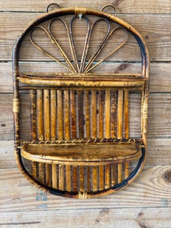 Vintage Boho Coastal Burnt Bamboo Two Tiered Sculptural Wall Shelves