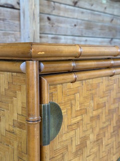 Vintage Boho Coastal Dixie Campaign Style Faux Bamboo Herringbone Sideboard