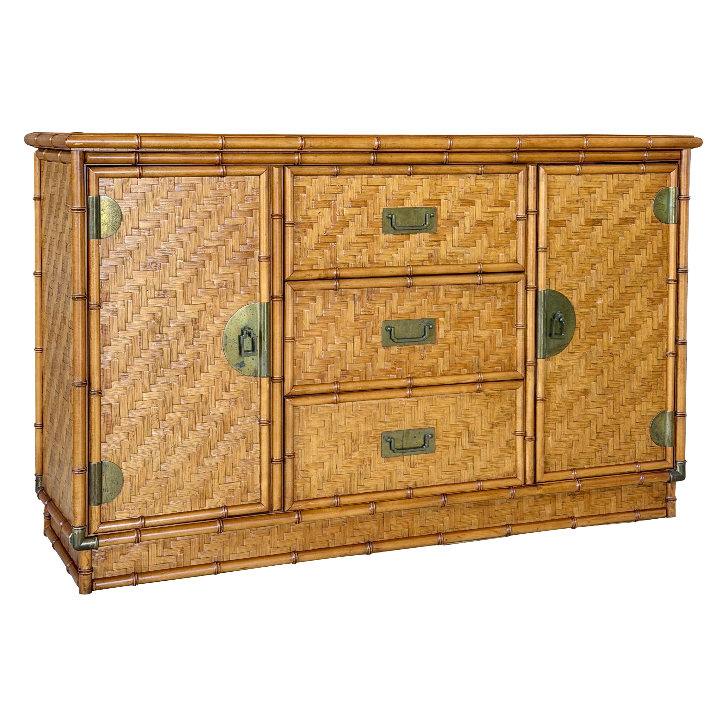 Vintage Boho Coastal Dixie Campaign Style Faux Bamboo Herringbone Sideboard