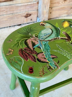 Vintage Boho Coastal Folk Art Custom Stool With Botanical Parrot Appliqué