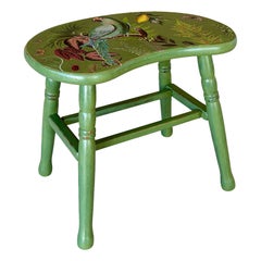 Vintage Boho Coastal Folk Art Custom Stool With Botanical Parrot Appliqué