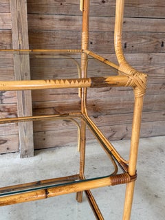 Vintage Boho Coastal Rattan Étagère With Fan Top and Glass Shelves