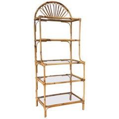 Vintage Boho Coastal Rattan Étagère With Fan Top and Glass Shelves