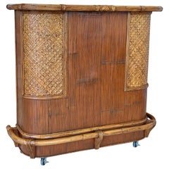 Vintage Boho Coastal Rattan & Pencil Reed Rolling Bar Cabinet With Gallery Rail