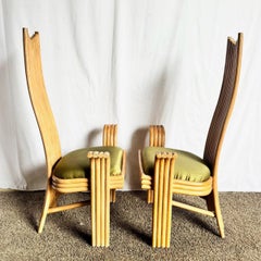 Vintage Boho Coastal Sculpted Rattan High Back Dining Arm Chairs - Set of 4
